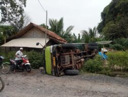 Truck tanki pengangkut CPO milik PT Palm Lampung Persada kecelakaan